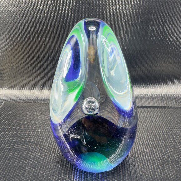 Vintage 1980s Oval Glass Paperweight With Large Bubbles Blue Green Glass Decor - Picture 8 of 11